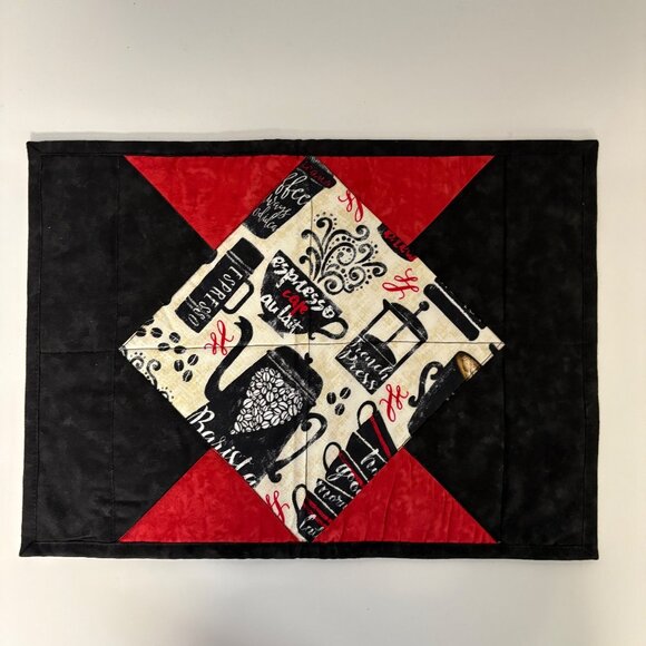 Coffee Themed Swirls Reversible Quilted Placemats Set Of 2 Red Black 16.75x12in - Picture 3 of 4